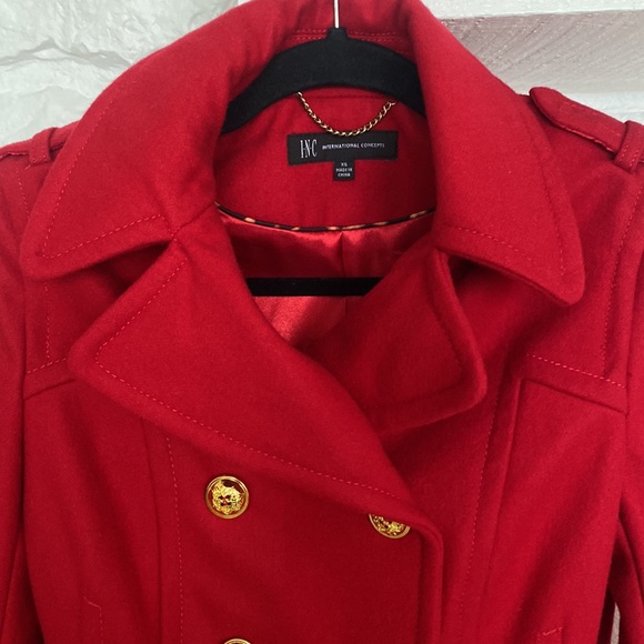INC International Concepts Red Wool Coat XS Collar details +gold buttons pockets - Picture 3 of 16